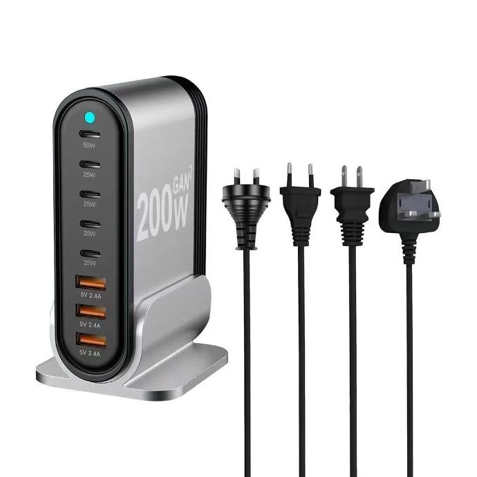 Universal Travel Worldwide 8 Ports All in One USB C Multi Charging Hub Block Gan Power Adapter 100-240V 200w Wall Charger
