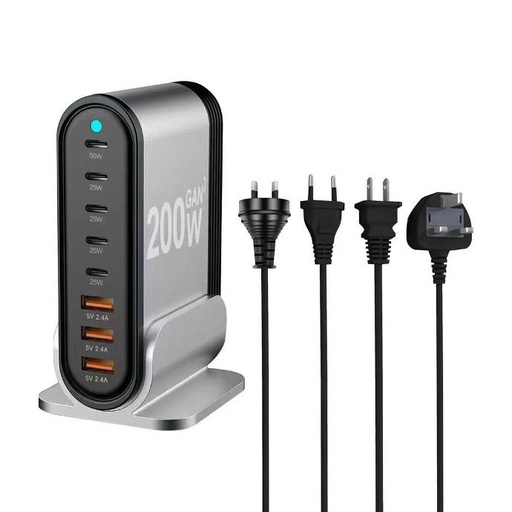 Universal Travel Worldwide 8 Ports All in One USB C Multi Charging Hub Block Gan Power Adapter 100-240V 200w Wall Charger